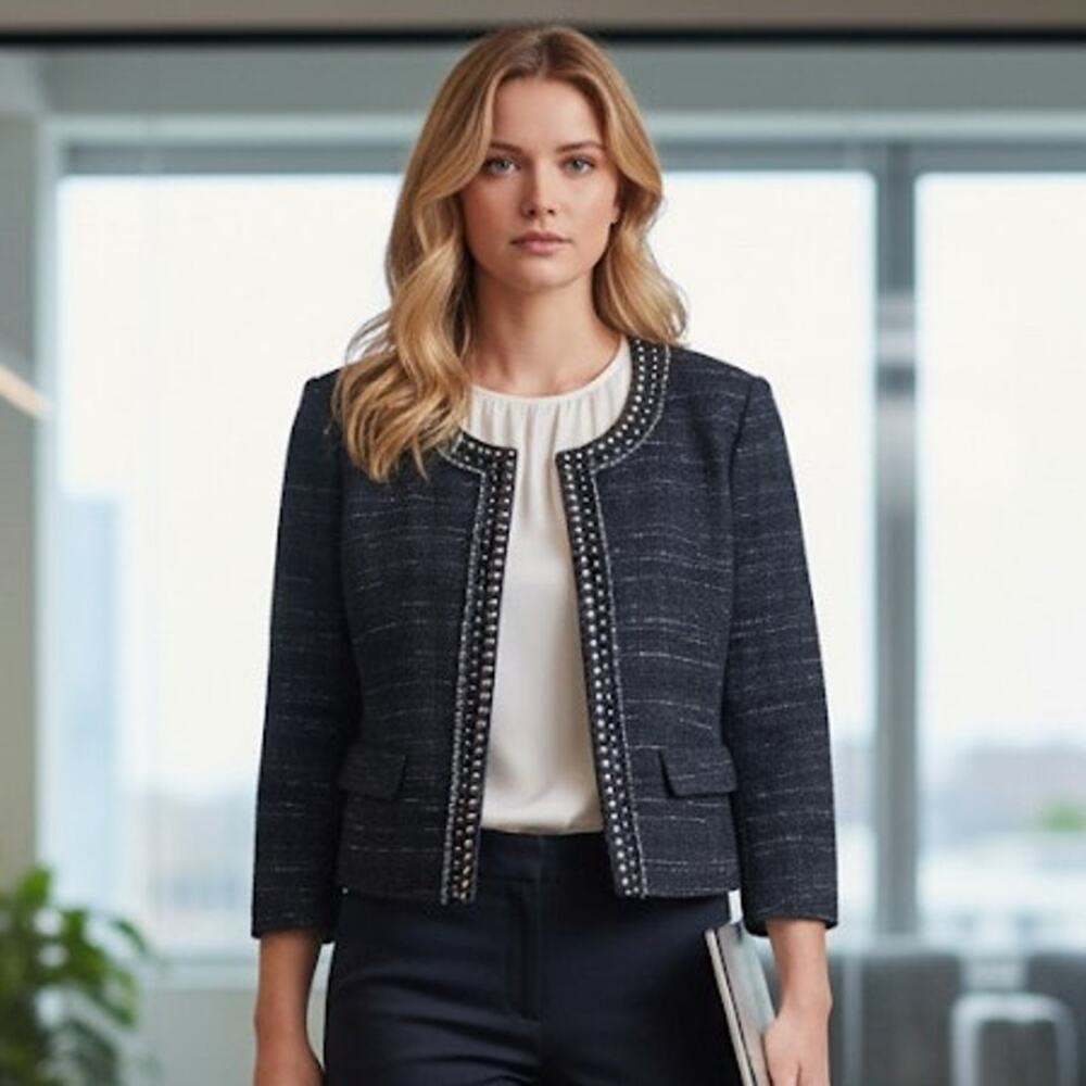 NWT Ann Taylor Loft Blazer Womens 4 Navy Blue Lined Pockets Studded Corpcore